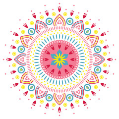 Mandala floral illustration with hearts and flowers. Colorful drawn vector