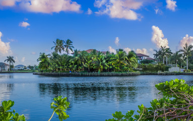 View of the Grand Harbour area on Grand Cayman Island surrounded by canals leading to the Caribbean...