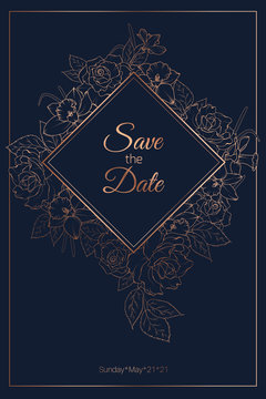 Save the date spring floral wedding marriage invitation card frame template. Rose peony daffodil narcissus flowers.