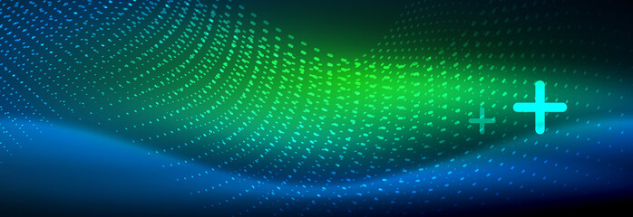 Glowing abstract wave on dark, shiny motion, magic space light. Vector techno abstract background