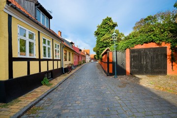 Fototapeta na wymiar Traditional colorful half-timbered houses in Ronne, Bornholm, Denmark