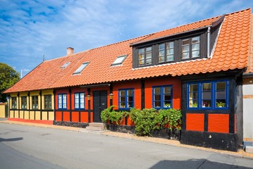 Traditional colorful half-timbered houses in Allinge, Bornholm, Denmark