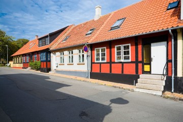 Traditional colorful half-timbered houses in Allinge, Bornholm, Denmark