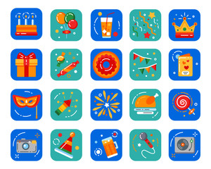 Birthday and holiday flat color icons set. Greeting and invitation concept. Sign for web page, mobile app, banner. Pictogram UI/UX and GUI user interface. Vector clipart, illustration, template.