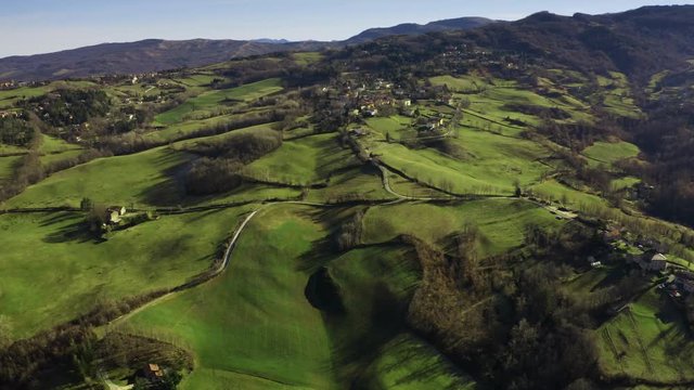 Aerial view of beautiful towns and villages on the hills of Emilia-Romagna region, Italy