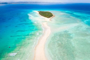 Aerial view of Nosy Iranja with a turquoise sea and white sand, north of nosy be, a beautiful...