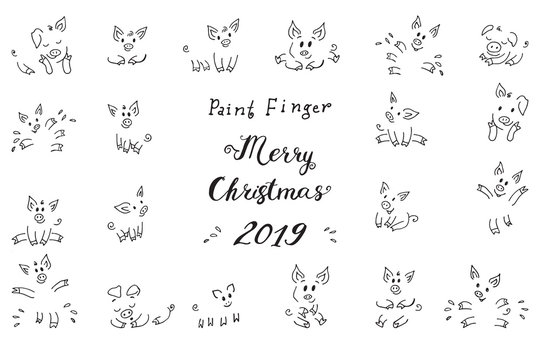 Zodiac Symbol of the New Year 2019 Piggy pink fun Fingerprint collection drawings of Piglets Greeting cards of the Christmas 2019 Lettering