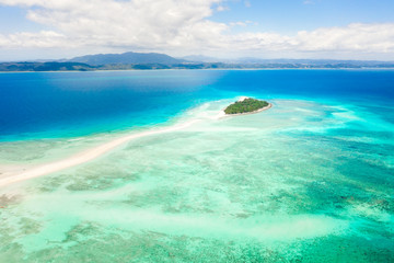 Aerial view of Nosy Iranja with a turquoise sea and white sand, north of nosy be, a beautiful island in madascar, africa
