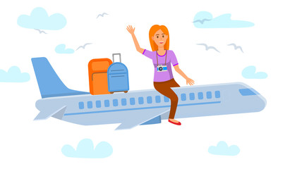 Young Woman Sitting on Airplane Flat Illustration