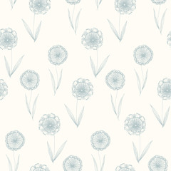 Retro sketchy seamless pattern with blue outline dandelion flowers on tender yellow background. Hand drawn illustration of abstract blowball flower, texture for textile, wrapping paper, surface
