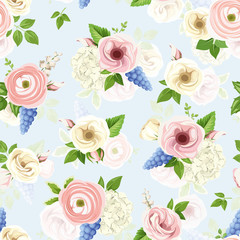 Vector seamless pattern with pink, blue and white lisianthuses, ranunculus, hyacinth, hydrangea and lily-of-the-valley flowers.