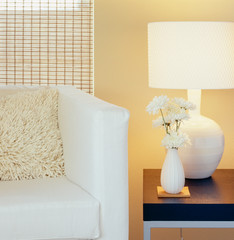 Contemporary living room with white chair, pillow, side table, lamp, painted wall, window blinds...