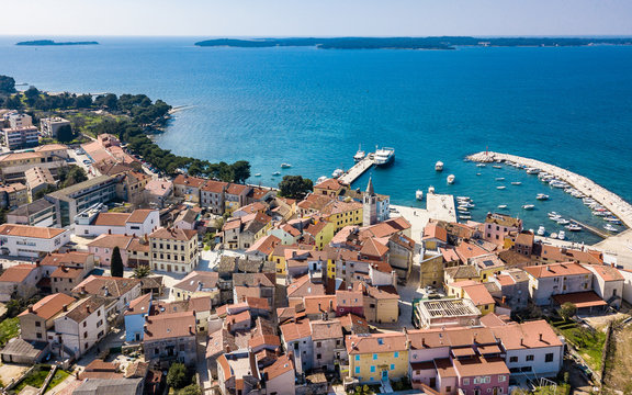 Aerial shot of the town of Fazana, Croatia. Yugoslavia's former President, Marshal Josip Broz Tito, was fond of Fažana and the Brionian Islands, spending up to six months of his year there.