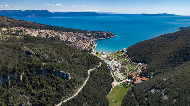 Aerial shot of Rabac town and its surroundings. A famous tourist destination on the Adriatic sea.