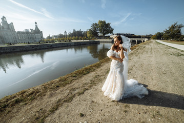 Beautiful young bride in amazing wedding dress posing on the nature near the river