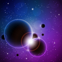 Space background with planets, stars and shining rays. Eps10 vector illustration.