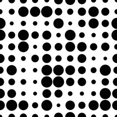 Black and white seamless pattern with grunge halftone dots. Dotted texture. Halftone dots background. Polka dot infinity. Abstract geometrical pattern of round shape.Screen print. Vector illustration