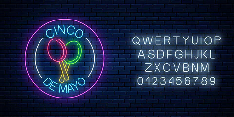 Glowing neon sinco de mayo holiday sign in circle frames with alphabet. Mexican festival flyer design.