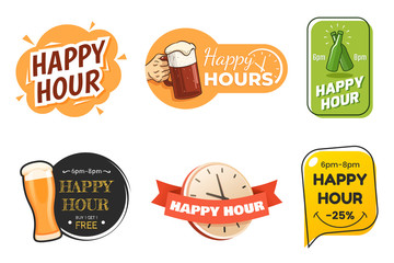 Happy hour banner collection. Colorful badges in different styles. Special offer for bar, cafe, club. Signs with beer glasses and text. Applicable for menu design, flyers, posters. Vector eps 10.