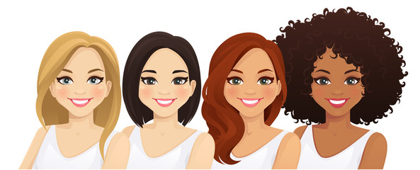 Multiethnic women, different female faces isolated vector illustration