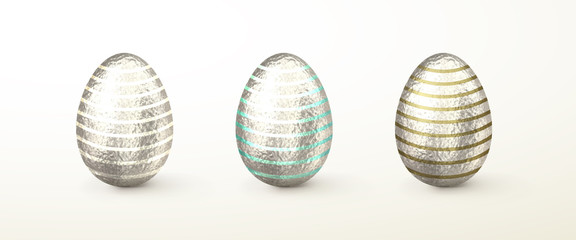Set of realistic 3d vector silver Easter Eggs