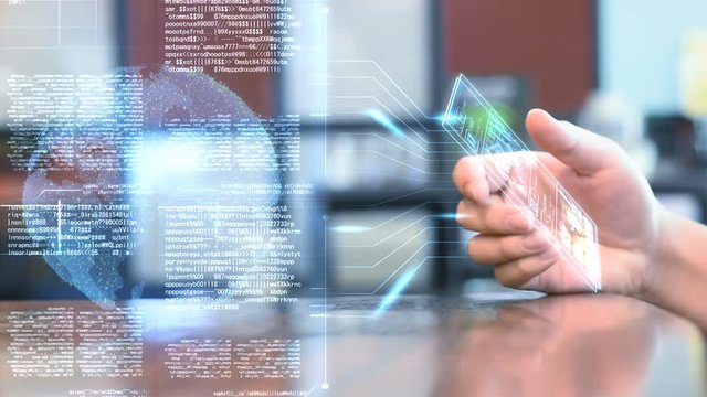 Blue computer grapic meta data texting with global connect to the earth social network and electronic signal link to future hologram smartphone technology in businessman hand in coffee shop on morning