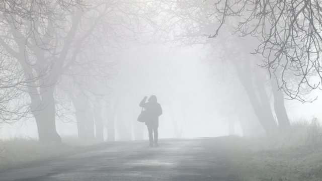 Silhouette on a bearded man with a trench coat and large bag walking towards the camera along a spooky foggy path alone.