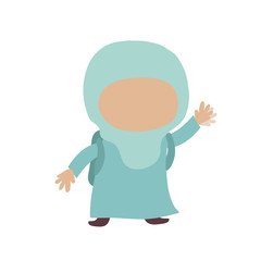 Muslim girl with a backpack waving her hand. Vector illustration. 