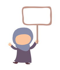 Muslim girl holding a sign in his hand. Vector illustration. 