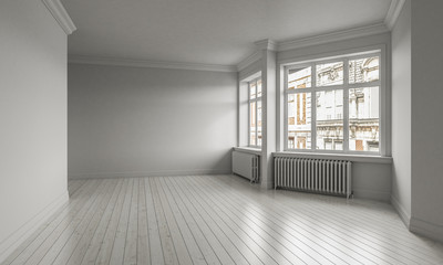 Leere Wohnung mit Holzboden,grauen Wänden und 2 Fenster 