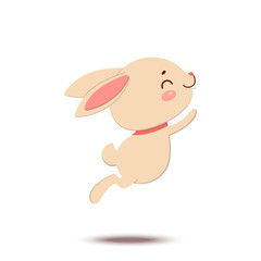 A cute cartoon bunny in a red bow tie is jumping and smiling. Isolated on white background