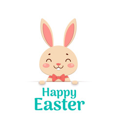 Fototapeta premium Happy Easter. Easter cartoon smiling bunny in a red bow tie is looking out of the hole and holding the text place.