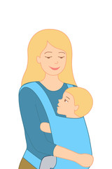 Smiling young mother holding her little baby in ergo backpack. Flat design vector illustration, isolated. Poster, banner template. Motherhood, parenting emotion. Family vector illustration