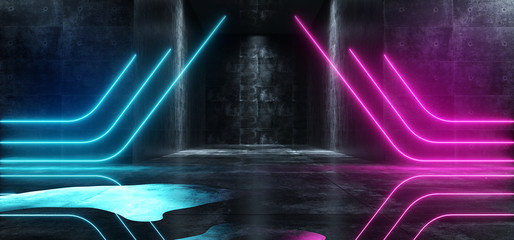 Neon Glowing Laser Led Vibrant Futuristic Sci Fi Modern Retro Purple Blue Ultraviolet Lights On Grunge Concrete Dark Empty Hall Garage Gallery Room 3D Rendering