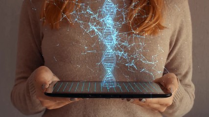 Hologram screen on a tablet with digital dna structure and particles used by businesswoman. - Powered by Adobe