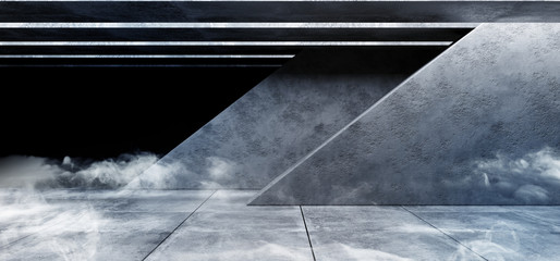 Smoke Fog Grunge Concrete Sci Fi Elegant Modern Futuristic Spaceship Underground Tunnel Hall Gallery Room Empty Space Tiled Floor Reflections Abstract Background Alien 3D Rendering