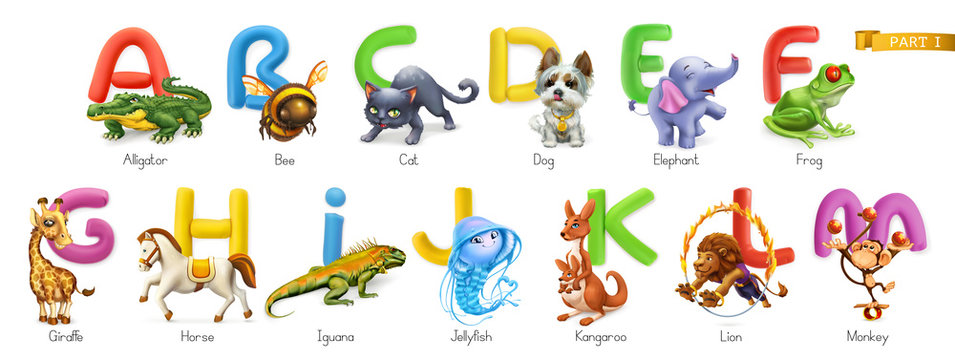 Zoo alphabet. Funny animals, 3d vector icons set. Letters A - M Part 1. Alligator, bee, cat, dog, elephant, frog, giraffe, horse, iguana, jellyfish, kangaroo, lion, monkey.