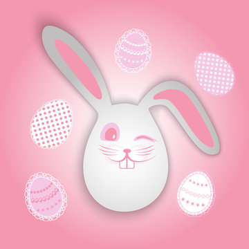 Postcard Easter egg in the form of a hare, a rabbit made of white paper, on a pink background with patterned eggs