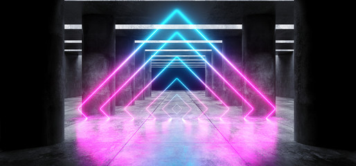 Futuristic Background Grunge Columns Concrete Bright Underground Garage Hall Gallery Tunnel Alien Corridor Neon Glowing Sci Fi Triangle Shaped Purple Blue Vibrant Line Lasers 3D Rendering