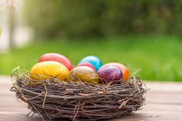 Easter eggs on a wooden background.