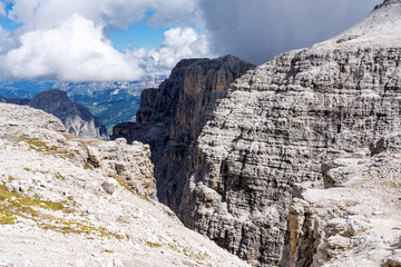 Fototapeta na wymiar The Sass Pordoi is a relief of the Dolomites, in the Sella group, Italy