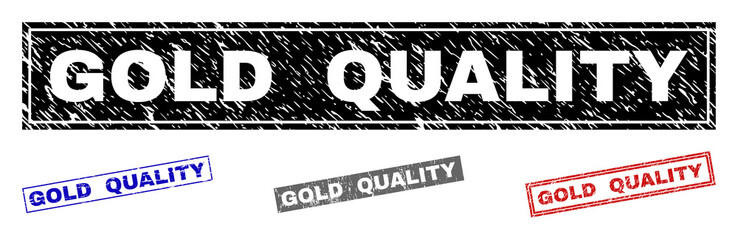 Grunge GOLD QUALITY rectangle stamp seals isolated on a white background. Rectangular seals with distress texture in red, blue, black and gray colors.
