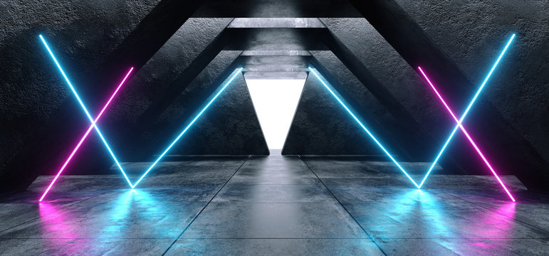 Triangle Futuristic Background Grunge Concrete Bright Underground Garage Hall Gallery Tunnel Alien Corridor Neon Glowing Sci Fi Triangle Purple Blue Vibrant Line Lasers 3D Rendering © IM_VISUALS