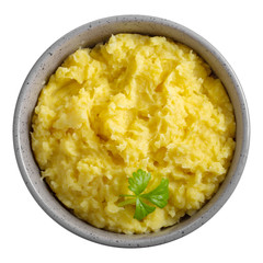 Mashed potato made with milk and butter in bowl. Isolated on white, top view