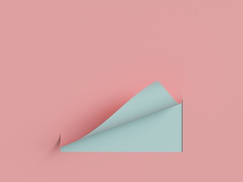 3d render, pink blue note paper, curled corner, page curl. Abstract creative background, modern mock up. Design element for advertising and promotional message.