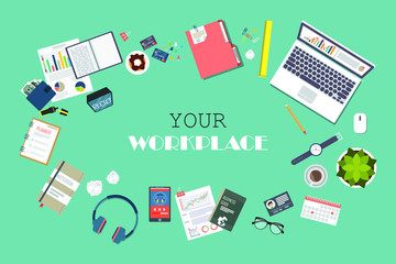 Top view of modern office workplace, office supplies, documents, laptop, pen, paper, coffee , glasses, phone, haedphones, notebook , folder,planner, clock. Flat vector illustration. 