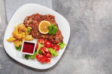 Viennese schnitzel on gray concrete background top view with copy space