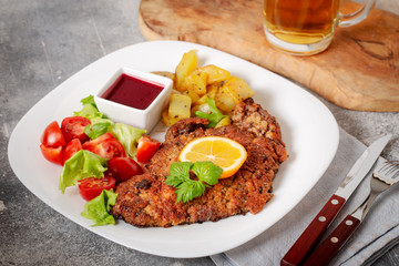 Viennese schnitzel with salad and sauceon plate