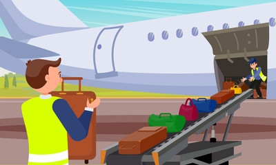 Loading Baggage in Airplane Flat Illustration.