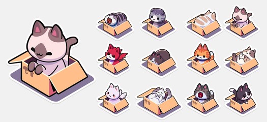 Cats in boxes sticker set for. Set of badges with cats sitting in cardboard boxes. Vector illustration